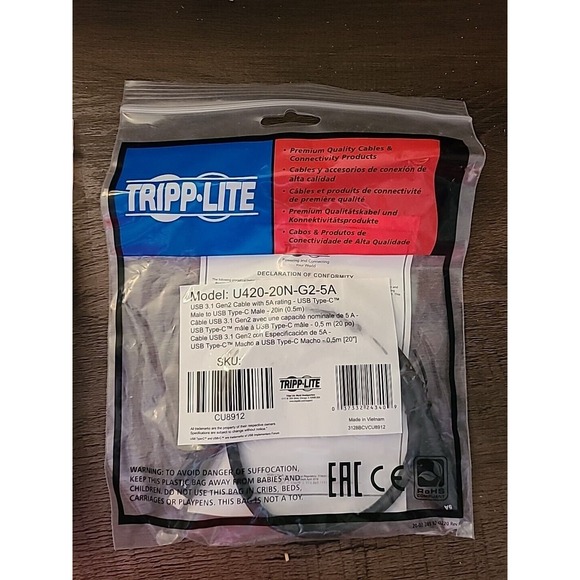 NEW Tripp Lite 20" cable: USB 3.1 Gen2 5A Type-C male to USB Type-C male - Picture 1 of 3